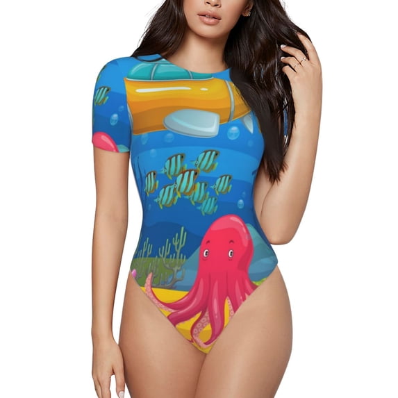 KLL Women 's Crew Neck Bodysuit Jumpsuits Submarine And Landscape Print Short onesies Stretch T Shirts
