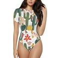 thumbnail image 1 of KLL Women 's Crew Neck Bodysuit Jumpsuits Summer Cactus With Blooming Print Short onesies Stretch T Shirts, 1 of 5