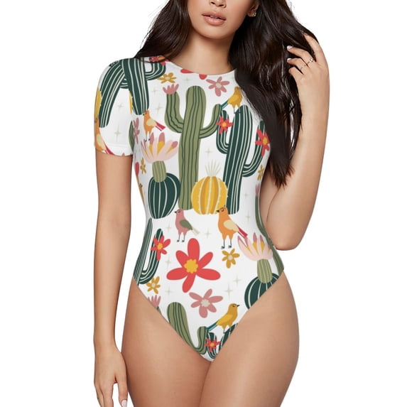 KLL Women 's Crew Neck Bodysuit Jumpsuits Summer Cactus With Blooming Print Short onesies Stretch T Shirts