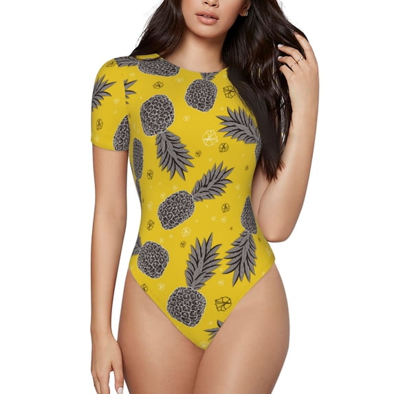 KLL Women 's Crew Neck Bodysuit Jumpsuits Summer Pineapple Print Short onesies Stretch T Shirts