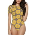 thumbnail image 1 of KLL Women 's Crew Neck Bodysuit Jumpsuits Sunflower Print Short onesies Stretch T Shirts, 1 of 7