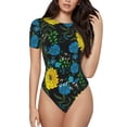 thumbnail image 1 of KLL Women 's Crew Neck Bodysuit Jumpsuits Sunflowers And Blue Flower Print Short onesies Stretch T Shirts, 1 of 7