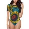 thumbnail image 1 of KLL Women 's Crew Neck Bodysuit Jumpsuits Sunflowers Print Short onesies Stretch T Shirts, 1 of 1