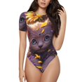 thumbnail image 1 of KLL Women 's Crew Neck Bodysuit Jumpsuits Sunshine Cute Cat Sunflower Print Short onesies Stretch T Shirts, 1 of 5