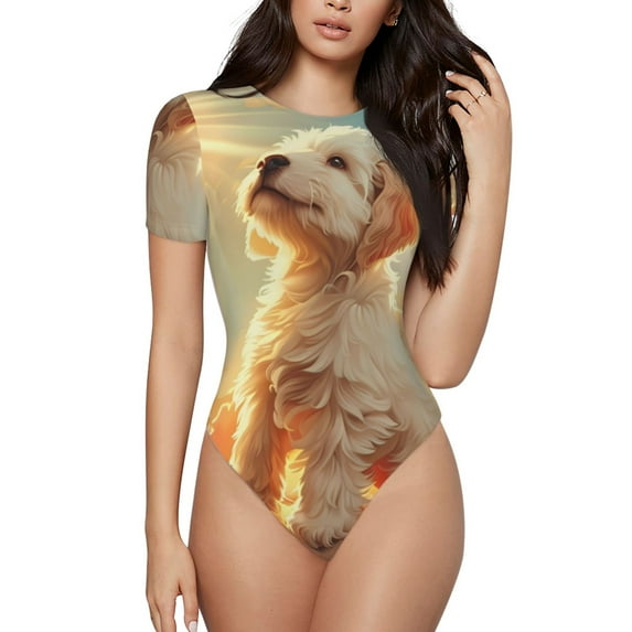 KLL Women 's Crew Neck Bodysuit Jumpsuits Sunshine Golden Cloud Dog Print Short onesies Stretch T Shirts