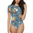 thumbnail image 1 of KLL Women 's Crew Neck Bodysuit Jumpsuits Surf Shark Print Short onesies Stretch T Shirts, 1 of 1