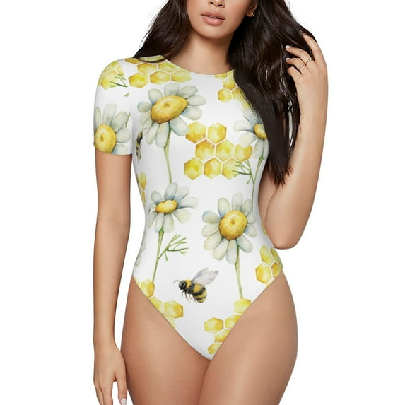 KLL Women 's Crew Neck Bodysuit Jumpsuits Sweet Honey Print Short onesies Stretch T Shirts
