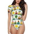 thumbnail image 1 of KLL Women 's Crew Neck Bodysuit Jumpsuits Train With Animals Print Short onesies Stretch T Shirts, 1 of 5
