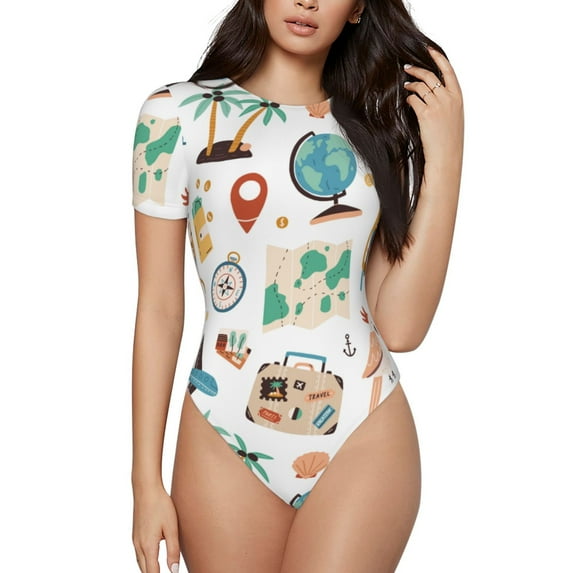 KLL Women 's Crew Neck Bodysuit Jumpsuits Travel1 Print Short onesies Stretch T Shirts