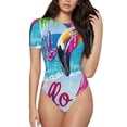thumbnail image 1 of KLL Women 's Crew Neck Bodysuit Jumpsuits Tropical Flamingo Summer Print Short onesies Stretch T Shirts, 1 of 5