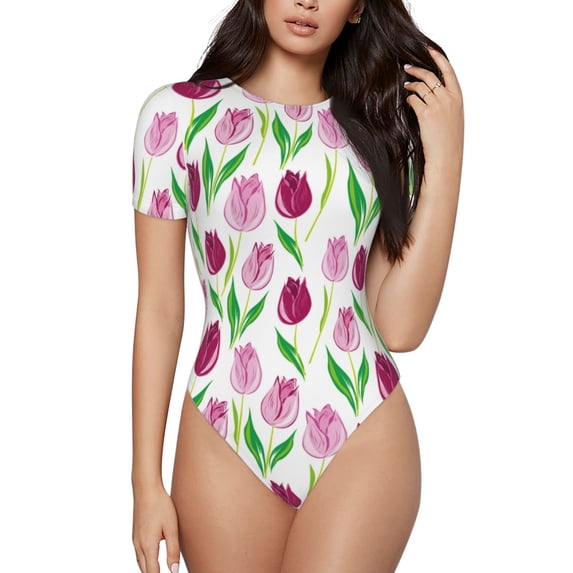KLL Women 's Crew Neck Bodysuit Jumpsuits Tulips Flowers Print Short onesies Stretch T Shirts