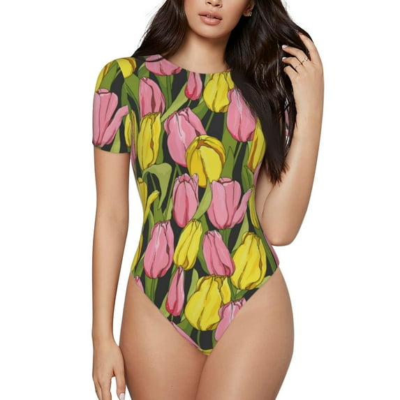 KLL Women 's Crew Neck Bodysuit Jumpsuits Tulips Flowers Print Short onesies Stretch T Shirts