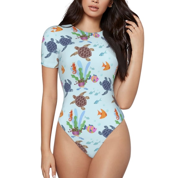KLL Women 's Crew Neck Bodysuit Jumpsuits Turtle Print Short onesies Stretch T Shirts