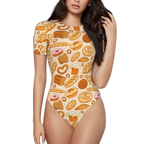 KLL Women 's Crew Neck Bodysuit Jumpsuits Various Bread Print Short onesies Stretch T Shirts