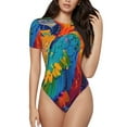 thumbnail image 1 of KLL Women 's Crew Neck Bodysuit Jumpsuits Vibrant Parrot Splash Art Print Short onesies Stretch T Shirts, 1 of 5