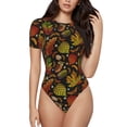 thumbnail image 1 of KLL Women 's Crew Neck Bodysuit Jumpsuits Vintage Autumn Plants Butterfly Print Short onesies Stretch T Shirts, 1 of 5