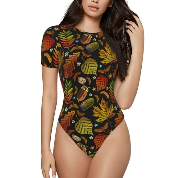 KLL Women 's Crew Neck Bodysuit Jumpsuits Vintage Autumn Plants Butterfly Print Short onesies Stretch T Shirts