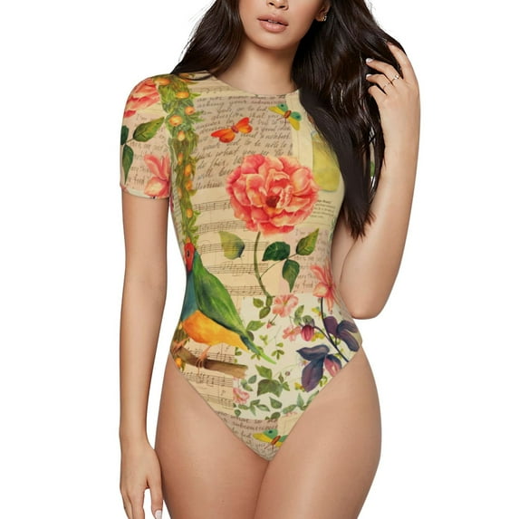 KLL Women 's Crew Neck Bodysuit Jumpsuits Vintage Bird Print Short onesies Stretch T Shirts