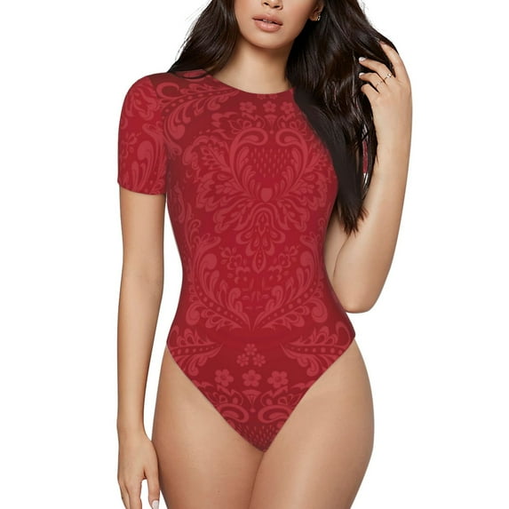 KLL Women 's Crew Neck Bodysuit Jumpsuits Vintage Burgundy Print Short onesies Stretch T Shirts