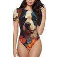 thumbnail image 1 of KLL Women 's Crew Neck Bodysuit Jumpsuits Vintage Colorful Flower French Bulldog Print Short onesies Stretch T Shirts, 1 of 5