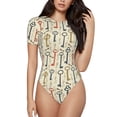 thumbnail image 1 of KLL Women 's Crew Neck Bodysuit Jumpsuits Vintage Keys1 Print Short onesies Stretch T Shirts, 1 of 5