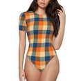 thumbnail image 1 of KLL Women 's Crew Neck Bodysuit Jumpsuits Warm Orange Plaid Print Short onesies Stretch T Shirts, 1 of 5