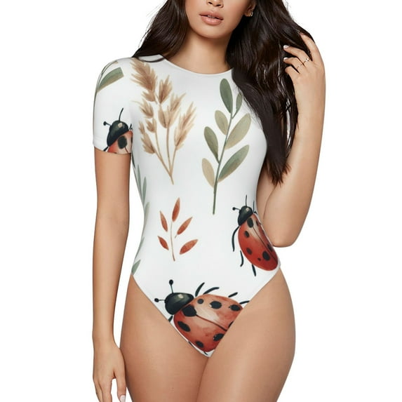 KLL Women 's Crew Neck Bodysuit Jumpsuits Watercolor Ladybug Print Short onesies Stretch T Shirts