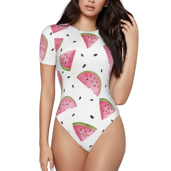 KLL Women 's Crew Neck Bodysuit Jumpsuits Watermelon Print Short onesies Stretch T Shirts
