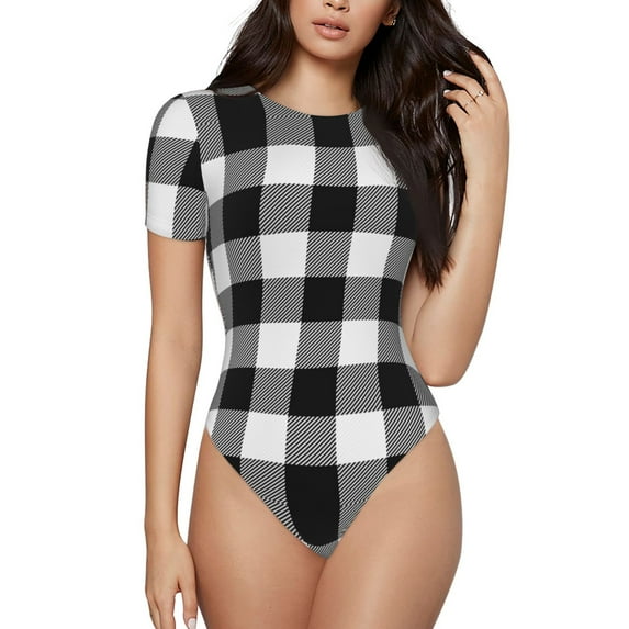 KLL Women 's Crew Neck Bodysuit Jumpsuits White And Black Plaid Print Short onesies Stretch T Shirts