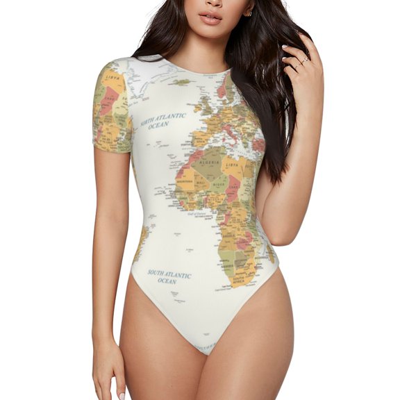 KLL Women 's Crew Neck Bodysuit Jumpsuits World Map 1 Print Short onesies Stretch T Shirts
