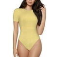 thumbnail image 1 of KLL Women 's Crew Neck Bodysuit Jumpsuits Yellow Gingham Print Short onesies Stretch T Shirts, 1 of 7