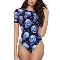 thumbnail image 1 of KLL Women 's Crew Neck Bodysuit Jumpsuits crystal Skull Print Short onesies Stretch T Shirts, 1 of 5