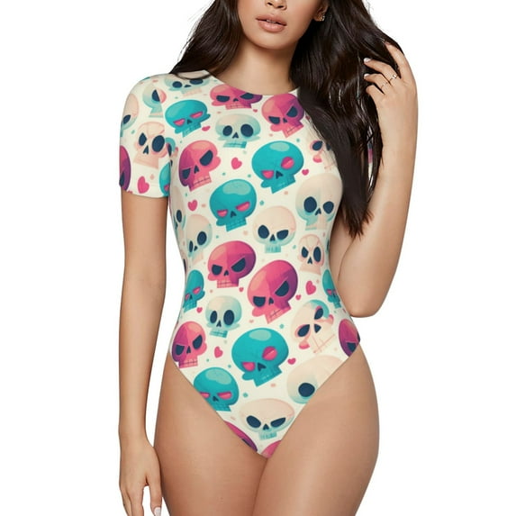KLL Women 's Crew Neck Bodysuit Jumpsuits heart Skull cute Print Short onesies Stretch T Shirts