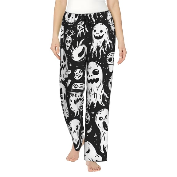 KLL Womens Black White Spooky Ghosts Print Pajama Pants Soft Pajama Bottoms for Women Cozy Lounge Pants-Medium