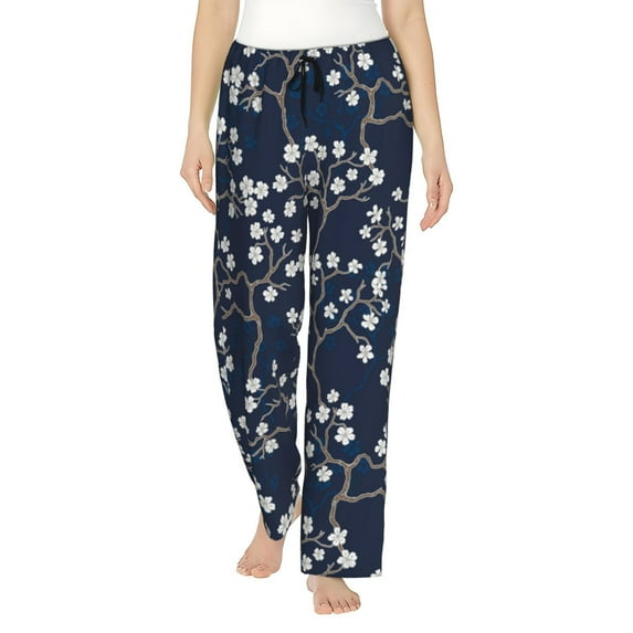 KLL Womens Cherry Blossoms on Navy Background Print Pajama Pants Soft Pajama Bottoms for Women Cozy Lounge Pants