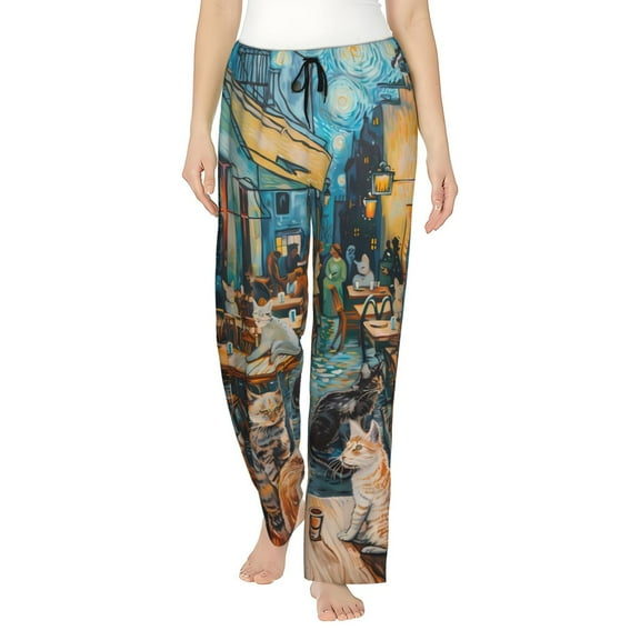 KLL Womens Whimsical Cats Night Cafe Print Pajama Pants Soft Pajama Bottoms for Women Cozy Lounge Pants-Large