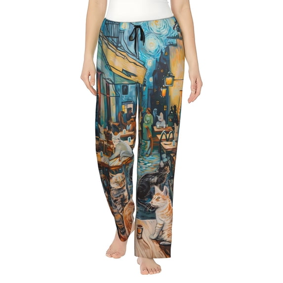 KLL Womens Whimsical Cats Night Cafe Print Pajama Pants Soft Pajama Bottoms for Women Cozy Lounge Pants-X-Large