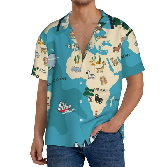 KLL World Map With Animal Print Men's Shirt Short Sleeve Button Down Summer Cuba Beach Shirts- Large