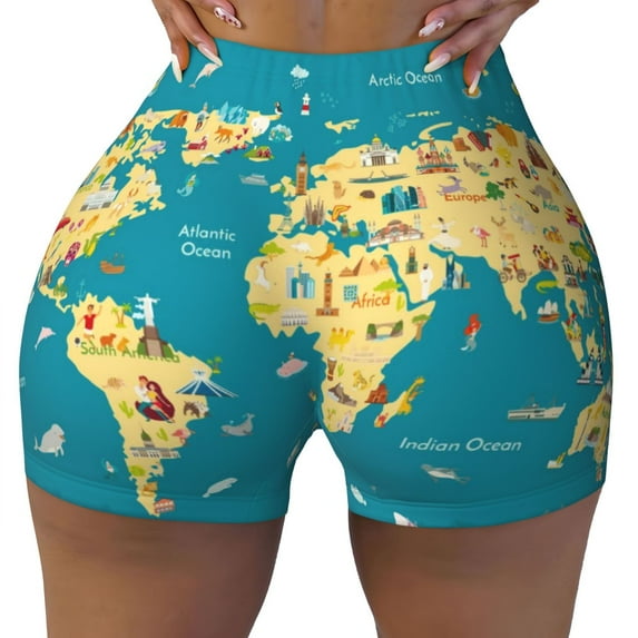 KLL World Map With Landmarks Pattern Workout Shorts for Women Scrunch Short Gym Yoga Running Sport Active Exercise Fitness Shorts