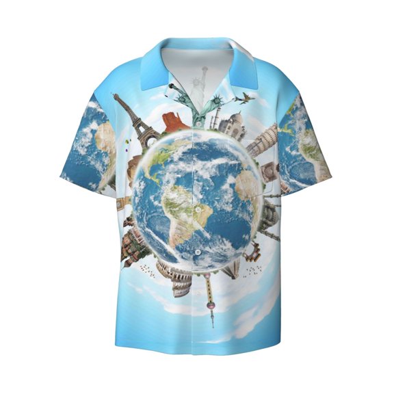 KLL World Travel Print Men's Shirt Short Sleeve Button Down Summer Cuba Beach Shirts- Medium