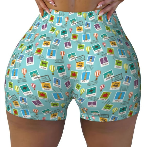 KLL World Travel1 Pattern Workout Shorts for Women Scrunch Short Gym Yoga Running Sport Active Exercise Fitness Shorts