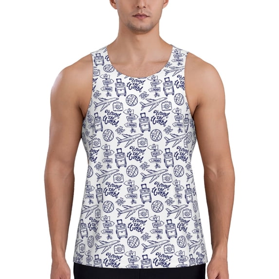 KLL World Travel2 Print Men's Muscle Gym Workout Stringer Tank Tops Bodybuilding Fitness T-Shirts Tank Tops Men-4X-Large