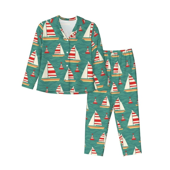 KLL Yachts And Buoys Print Women's Long Sleeve Pajamas with Pants Sleepwear Loungewear 2 Set-Large