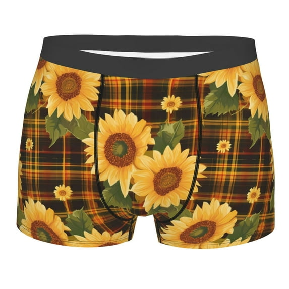 KLL Yellow Black Plaid Sunflower Men's Cotton Boxer Briefs Underwear-X-Large