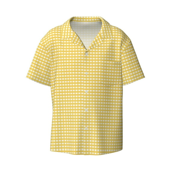 KLL Yellow Gingham Print Men's Shirt Short Sleeve Button Down Summer Cuba Beach Shirts- Large