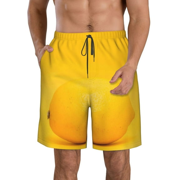 KLL Yellow Lemon Men's Casual Summer Beach Shorts Hawaiian Shorts with Pockets-Small