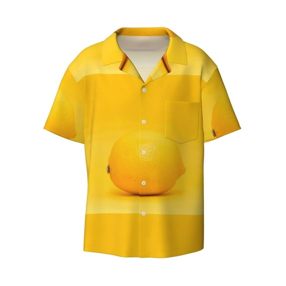 KLL Yellow Lemon Print Men's Shirt Short Sleeve Button Down Summer Cuba Beach Shirts- 4X-Large