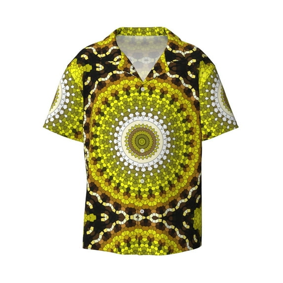 KLL Yellow Mandala Print Men's Shirt Short Sleeve Button Down Summer Cuba Beach Shirts- X-Large