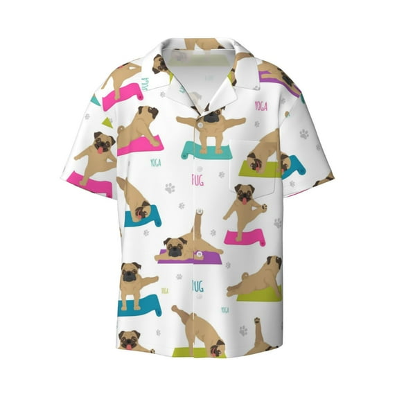 KLL Yoga Dogs Poses Print Men's Shirt Short Sleeve Button Down Summer Cuba Beach Shirts- Small