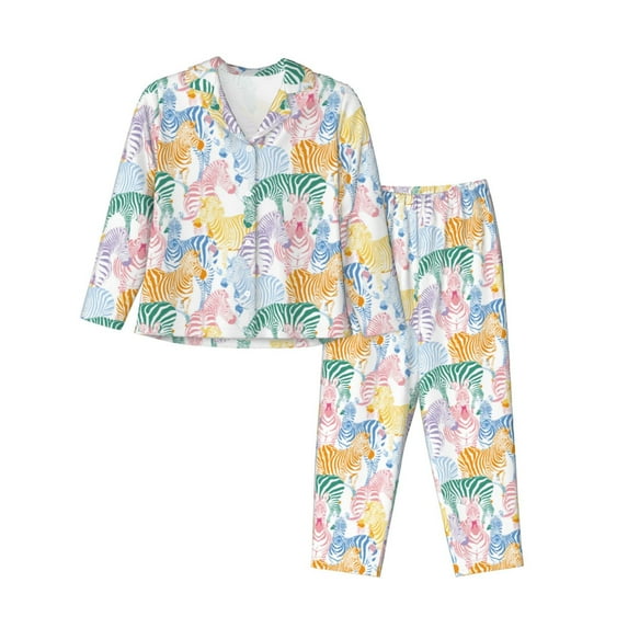KLL Zebra Colourful Print Women's Long Sleeve Pajamas with Pants Sleepwear Loungewear 2 Set-XX-Large